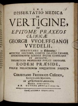 Dissertatio Medica De Vertigine : Ex Epitome Praxeos Clinicæ