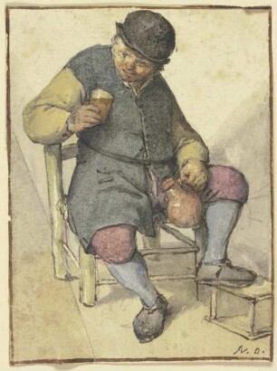 Sitzender Bauer von vorn, mit Krug und Glas