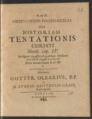 Observationes Philologicas circa Historiam Tentationis Christi Matth. cap. IV. : benignae ... XXIX Augusti A. M DCC IV ...