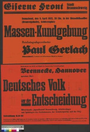 Plakat zu einer Wahlkundgebung der Eisernen Front am 9. April 1932 in Braunschweig anlässlich der Reichspräsidentenwahl am 10. April 1932 (zweiter Wahlgang)