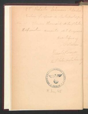 [Dedicatoria manuscrita] Dr. Roberto Lehmann Nitsche