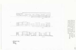Gerichtsgebäude Lübeck (Diplomarbeit bei Peter Poelzig): Ansicht von Süden und Schnitte 1:200