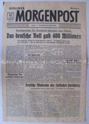 Tageszeitung "Berliner Morgenpost" zur Bekanntgabe des Ergebnisses der Sammlung zum Winterhilfswerk