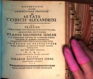 Diss. sistens coniecturas criticas de aetate codicis Alexandrini