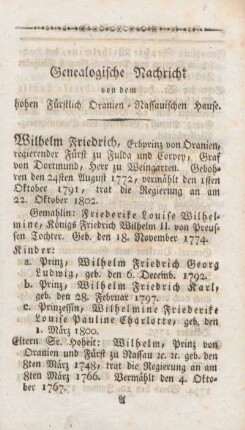 Genealogische Nachricht von dem hohen Fürstlich Oranien-Nassauischen Hause.