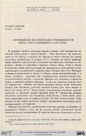 39/40: Uzupełnienie do inwentarzy pośmiertnych króla Jana Kazimierza z 1673 roku