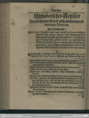 Alphabetisches-Register Der in diesem Werck enthaltenen merckwürdigen Materien