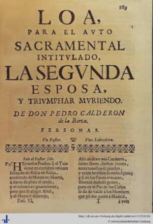 Loa para el Auto Sacramental La Segunda Esposa, y Triunfar Muriendo.