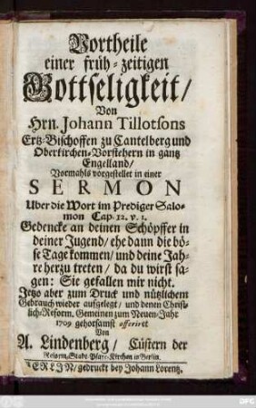Vortheile einer früh-zeitigen Gottseligkeit