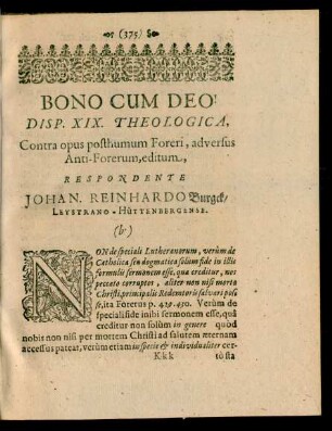 Disputatio XIX. Theologica, ... Respondente Johan. Reinhardo Burgk/ Leystrano-Hüttenbergense.