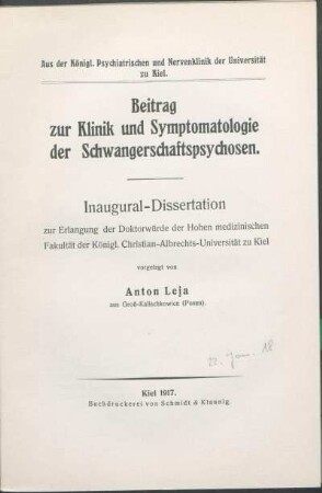 Beitrag zur Klinik und Symptomatologie der Schwangerschaftspsychosen