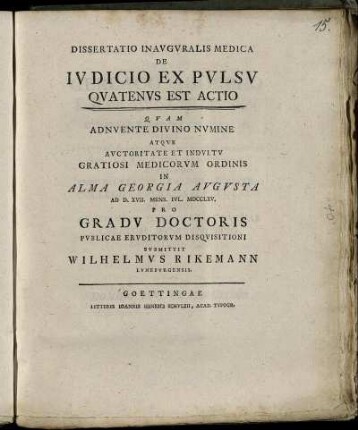 Dissertatio Inauguralis Medica De Iudicio Ex Pulsu Quatenus Est Actio