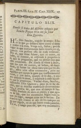 Capitulo XLIX. Donde se trata del discreto coloquio que Sancho Pança tùvo con su señor Don Quixote