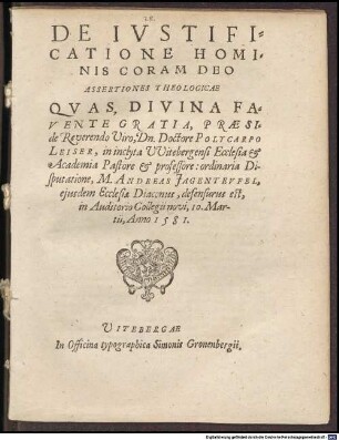 De Iustificatione Hominis Coram Deo Assertiones Theologicae
