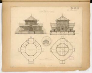 Jagdhaus Monatskonkurrenz Juli 1882: Grundriss Untergeschoss, Obergeschoss, Aufriss Eingangsseite, Querschnitt; Perspektivische Skizze; Maßstabsleiste