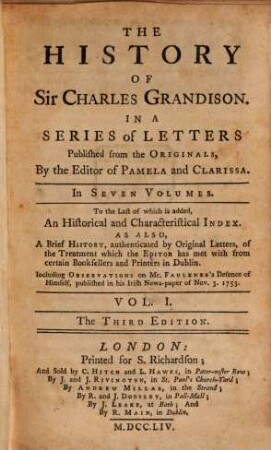 The History Of Sir Charles Grandison : In A Series of Letters ; In Seven Volumes ..., 1