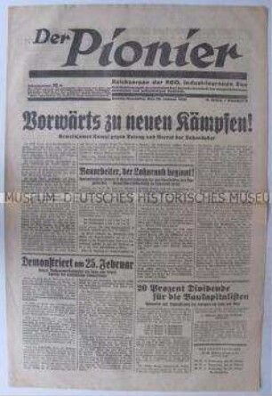 Halbmonatszeitung der RGO "Der Pionier" u.a. zu den Arbeitskämpfen in der Bauindustrie
