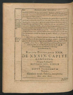 Biblica Disputatio XXIX. De XXXIX. Capite Geneseos. De qua Respondit Matthias Hoe