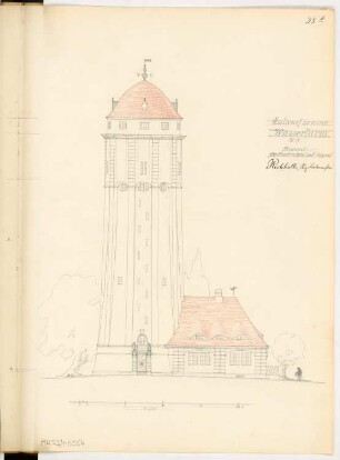 Wasserturm Monatskonkurrenz Februar 1910: Aufriss Seitenansicht 1:100; Maßstabsleiste