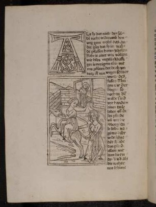 Frau reitet auf Esel, eine Frau hängt am Galgen.