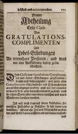 Dritter Abtheilung Erste Classe. Von Gratulations-Complimenten Und Lobes-Erhebungen