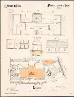 Pathologisches Institut der Philipps-Universität Marburg: Lageplan 1:250. Stall in Grundriss, Aufriss, Schnitt 1:100. Institut: Bodenraum 1:100