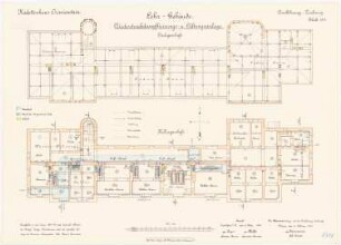 Kadettenhaus, Oranienstein: Lehrgebäude: Grundriss Keller, Dachgeschoss mit Heizungs- und Lüftungsanlage 1:100