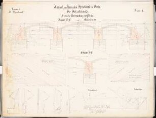 Umgestaltung des Spreekanals, Berlin-Mitte Schinkelwettbewerb 1899: Schlossbrücke: Statische Untersuchung der Pfeiler. Schnitte 1:100, Kräftepläne, Diagramme