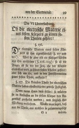DIe VI Untersuchung, Ob die electrische Materie eines festen Körpers zu seinen festen Theilen gehöre?