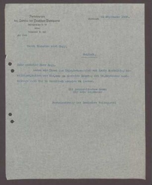 Schreiben von dem Parteisektretär der DVP an Herr Rapp, Gastwirt, Wolfach: Abholen aus des Herrn Sutter aus Schiltach, 1 Schreiben