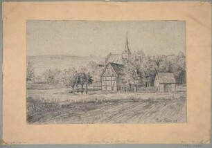 Das Dorf Leubnitz (Dresden-Leubnitz-Neuostra), Eingang in das Dorf von Strehlen aus nach Süden, mit Ansicht der Leubnitzer Kirche