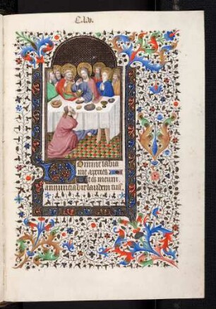 Bordüren-Miniatur-Seite: (Wochentagsgebet: Donnerstag) Abendmahl; Zierinitiale: D(omine labia mea)