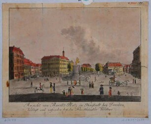 Dresden, der Neustädter Markt nach Norden, Blick in die Hauptstraße mit dem Reiterstandbild August des Starken (Goldener Reiter) und dem Neustädter Rathaus