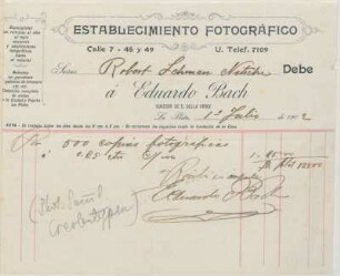 [Recibo de Eduardo Bach á Señor Robert Lehman Nitsche, La Plata 1° Julio de 1902, por 500 copias fotográficas]