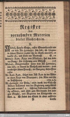 Register der vornehmsten Materien dieser Nachrichten