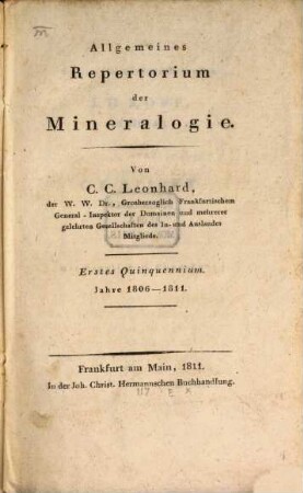 Taschenbuch für die gesammte Mineralogie mit Hinsicht auf die neuesten Entdeckungen. Repertorium. 1. 1806/11 (1811)
