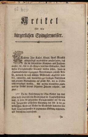 Artikel für die bürgerlichen Spänglermeister : Gegeben ob dem Königl. Prager Schlosse den 14ten Januarii 1774