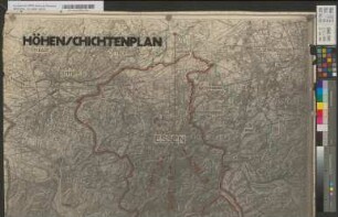 Höhenschichtenplan [der Stadt Essen und Umgegend. Mit Grenzlinien von Essen-Stadt und -Land sowie Schnittlinien]. Bearbeitet im Stadtvermessungsamt Essen, im April 1928 / [Ausgefertigt:] Essen, den -Mai 1928, Der Oberbürgermeister. I.V. [Unterschrift] Beigeordneter