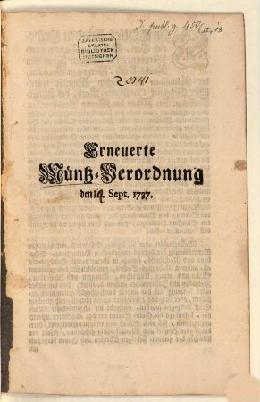 Erneuerte Müntz-Verordnung : den 6. Sept. 1737.