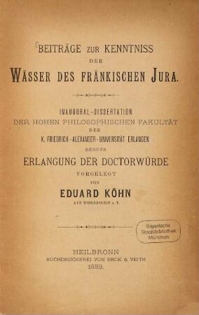 Beiträge zur Kenntniss der Wässer des Fränkischen Jura