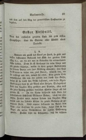 Erster bis Dritter Abschnitt. Von der einfachen geraden Linie. Von der bestimmten Construction des Dreiecks. Gleichwinklige Dreiecke.