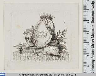 Gekröntes Wappen von Schriftstücken, Büchern, Helm und Schwert umgeben