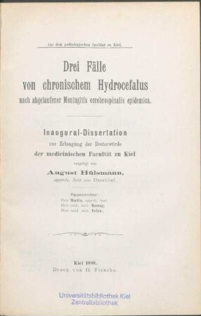 Drei Fälle von chronischem Hydrocefalus nach abgelaufener Meningitis cerebrospinalis epidemica