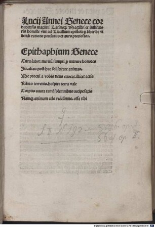 Epistulae morales ad Lucilium : mit Epitaph auf Seneca von Hildebert de Lavardin (Walther, Initia 3960) und Vita Senecae