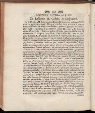 Appendix Altera ad §. XII. De Reliquiis SS. Crispini & Crispiniani.