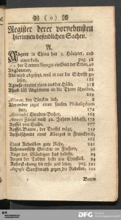 Register derer vornehmsten hierinnen befindlichen Sachen.