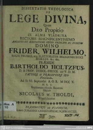 Dissertatio Theologica De Lege Divina