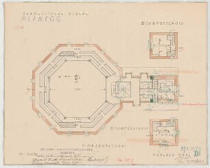 Fischer, Theodor; Planegg bei München (Bayern); Ev. Waldkirche - 2. u. 3. Turmgeschoss u. 1. OG (Grundrisse)