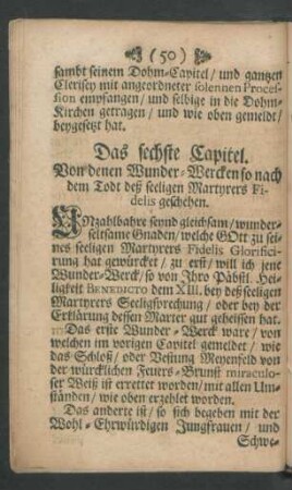 Das sechste Capitel. Von denen Wunder-Wercken so nach dem Todt des seeligen Martyrers Fidelis geschehen