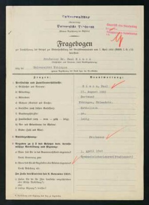 Fragebogen zur Durchführung des Gesetzes zur Wiederherstellung des Berufsbeamtentums vom 07.04.1933